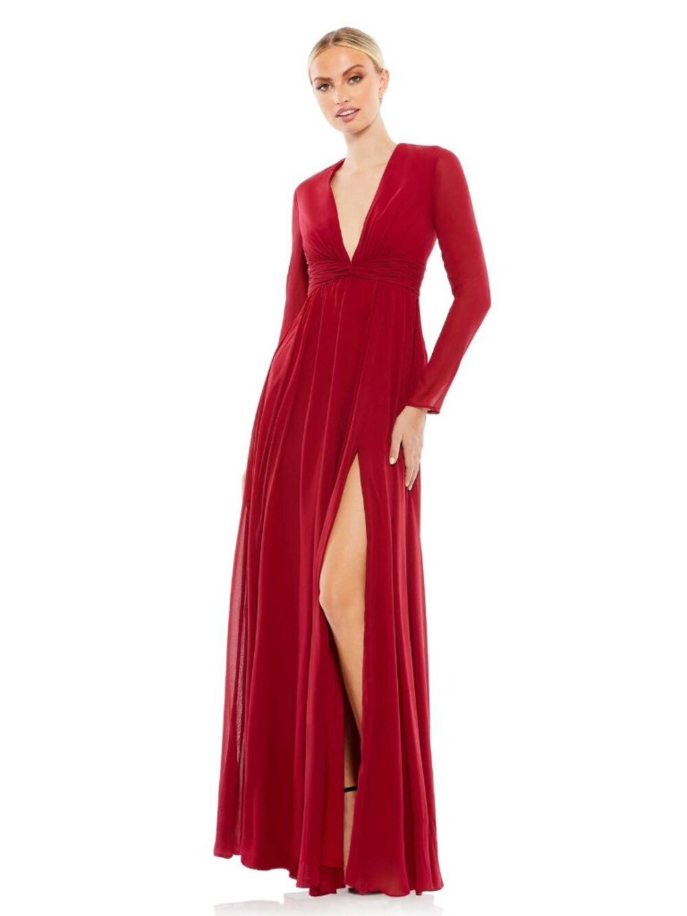 Mac Duggal Size 6 Burgundy 55680 V-Neck Front Twist Long Sleeve Maxi Gown Dress